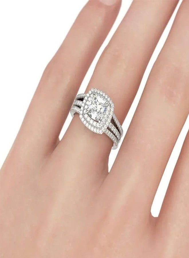 EUJHRTM 925 Sterling Silver Fashion Ring Set Engagement Anniversary Promise Ring Bridal Set Jewelry Classic Women's Ring Set Diamond Shining Halo Bridal Set Wedding Ring Size 7 - Image 4